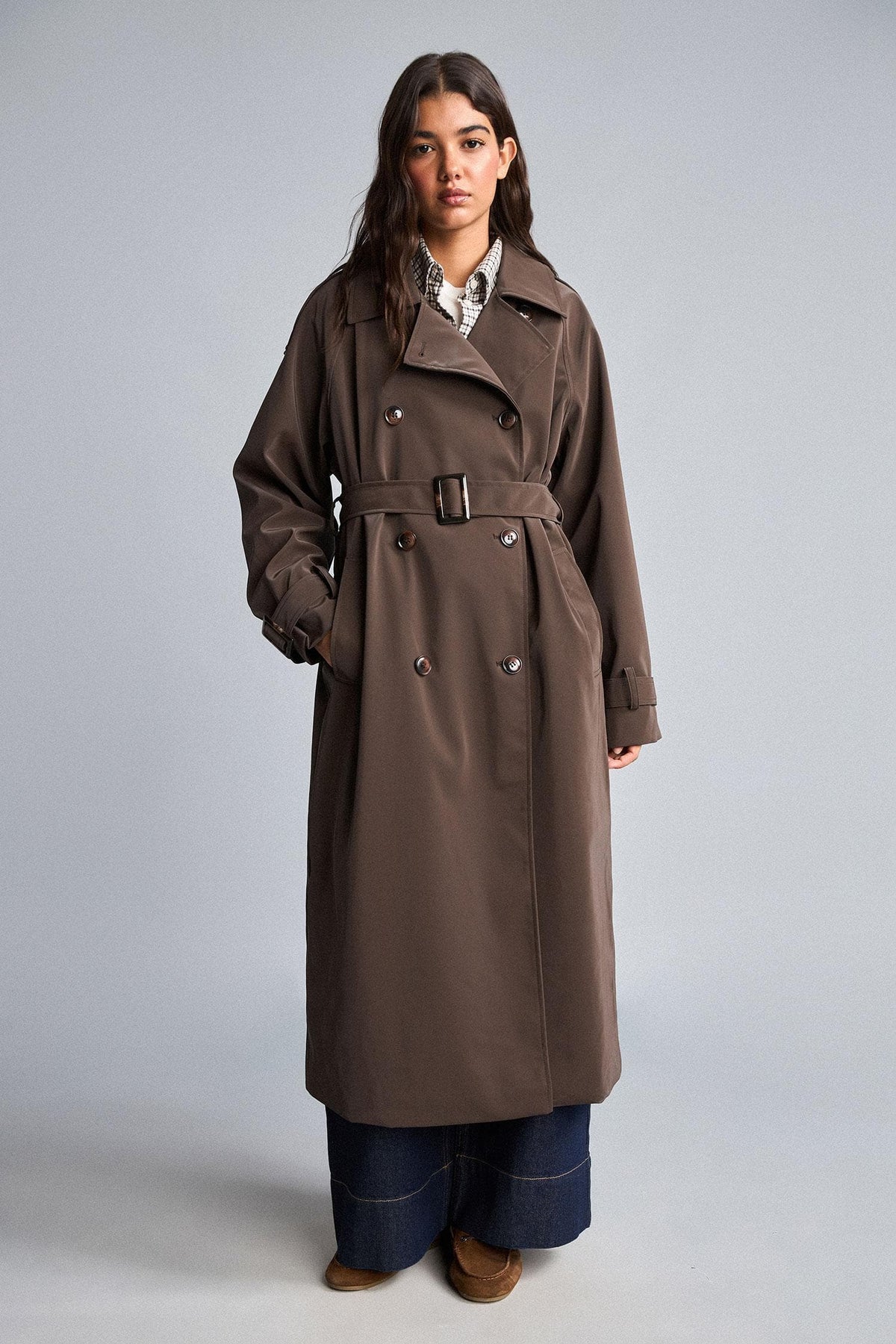 Regular Fit Belted Double Breasted Long Trench Coat