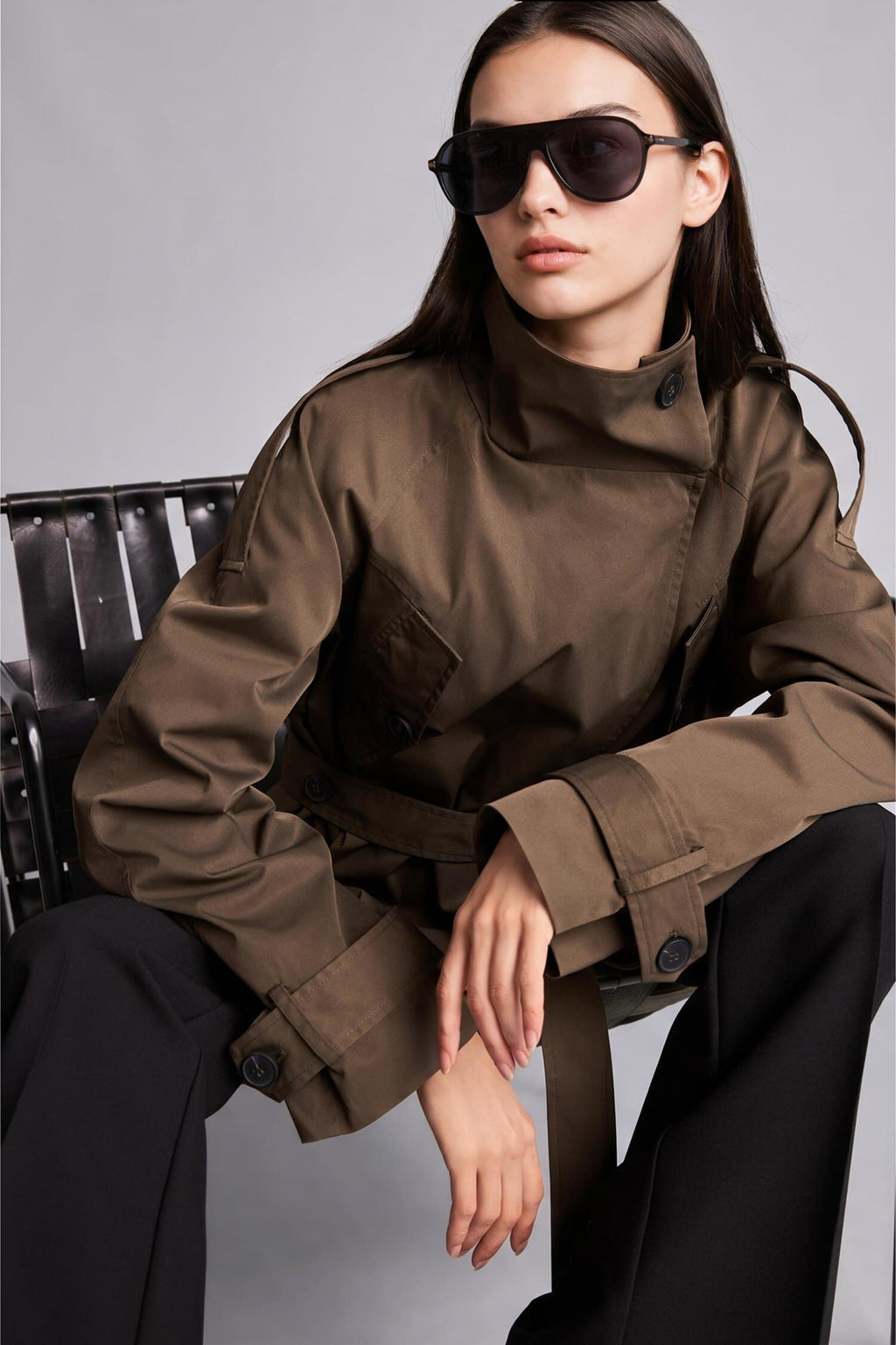 Regular Fit Stand-Up Collar Belted Buttoned Trench Coat