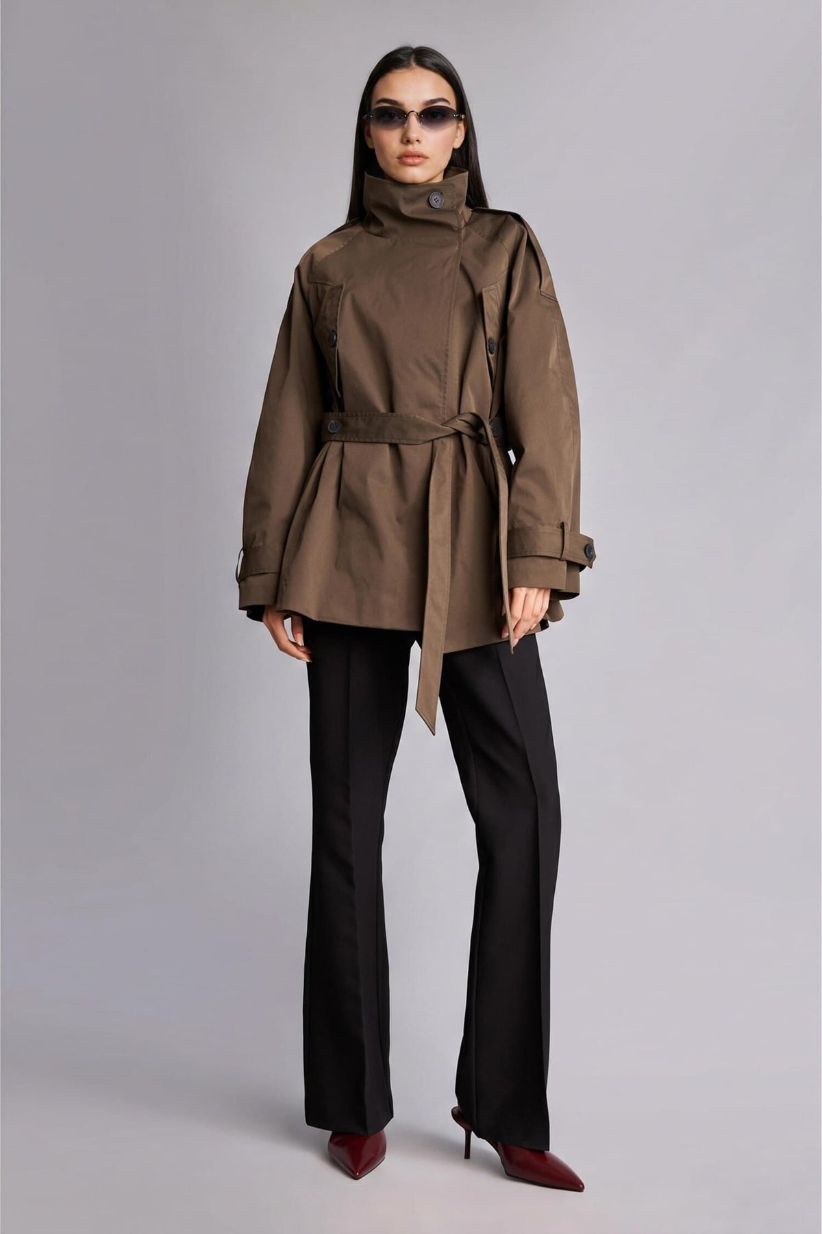 Regular Fit Stand-Up Collar Belted Buttoned Trench Coat