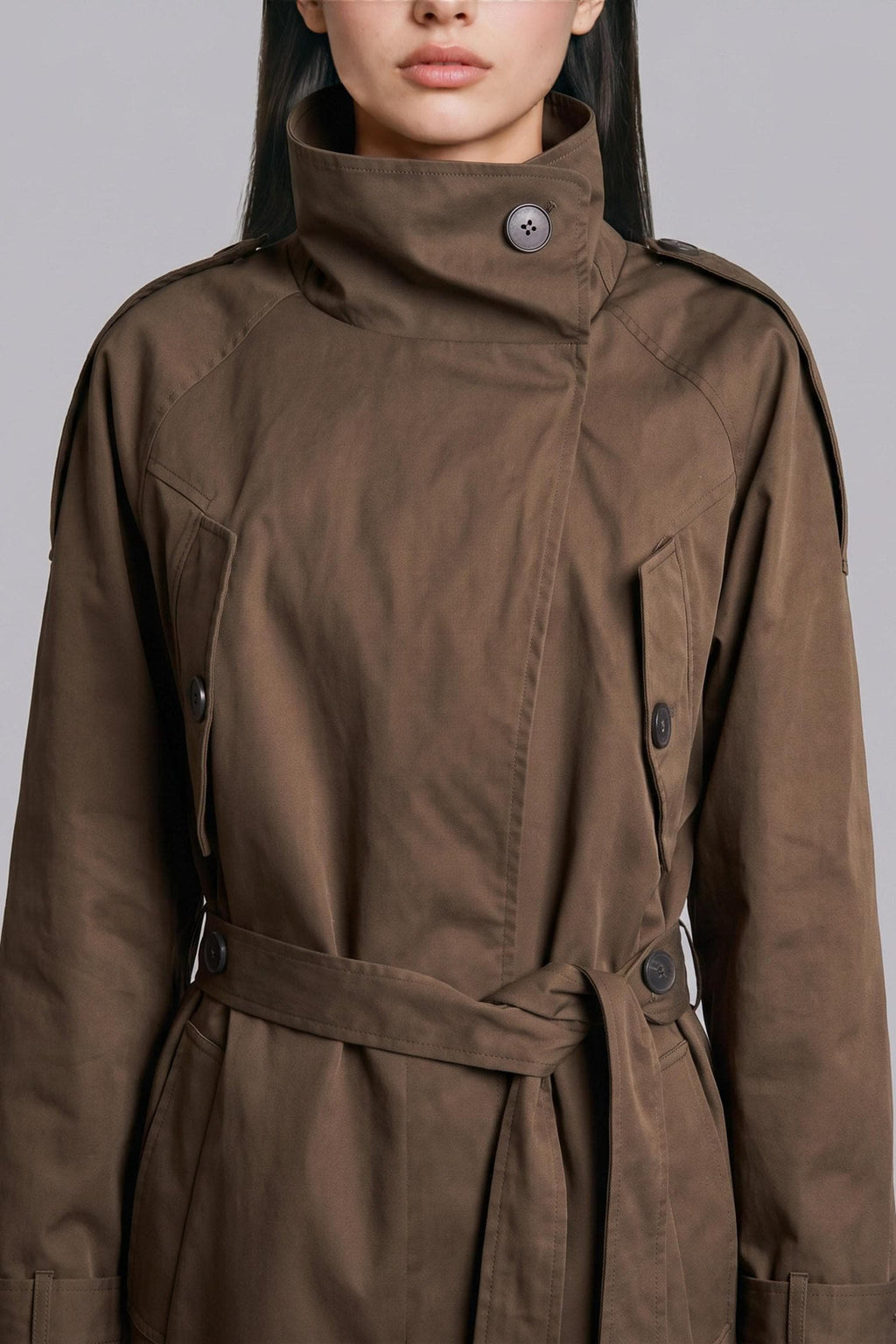 Regular Fit Stand-Up Collar Belted Buttoned Trench Coat