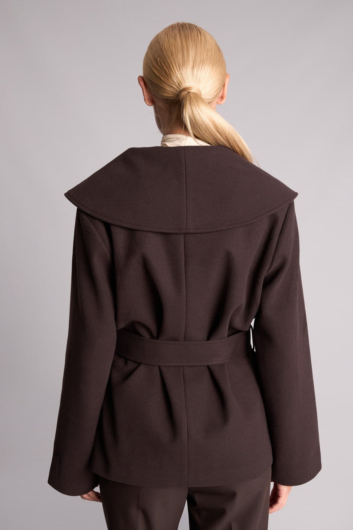 Regular Fit Shawl Collar Belted Short Cachet Coat