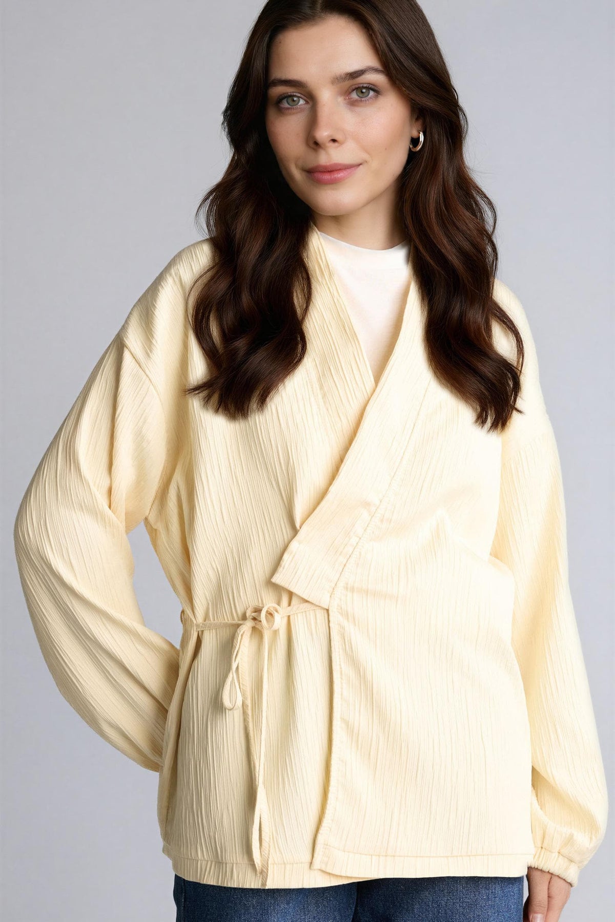 Regular Fit V-Neck Crinkle Fabric Blazer Jacket
