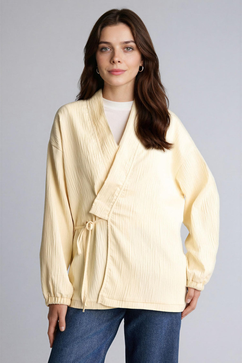 Regular Fit V-Neck Crinkle Fabric Blazer Jacket
