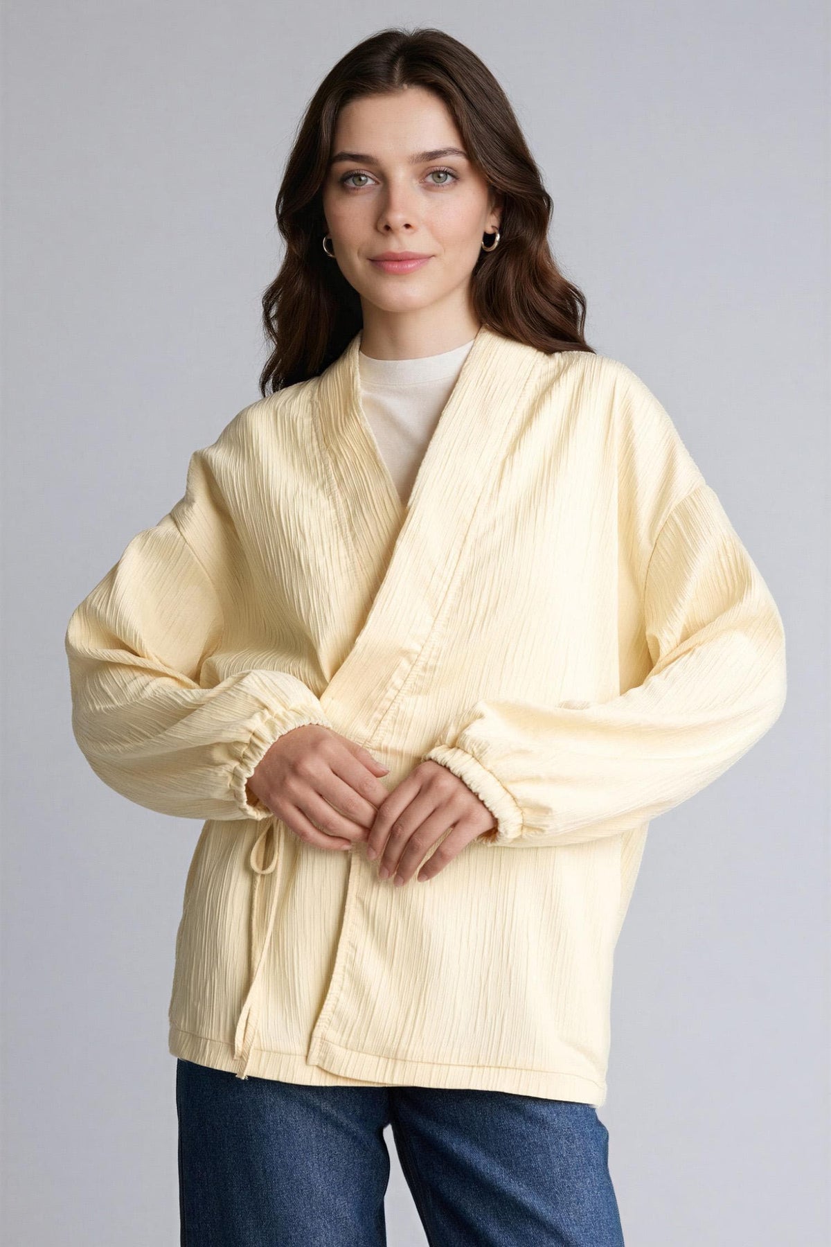 Regular Fit V-Neck Crinkle Fabric Blazer Jacket