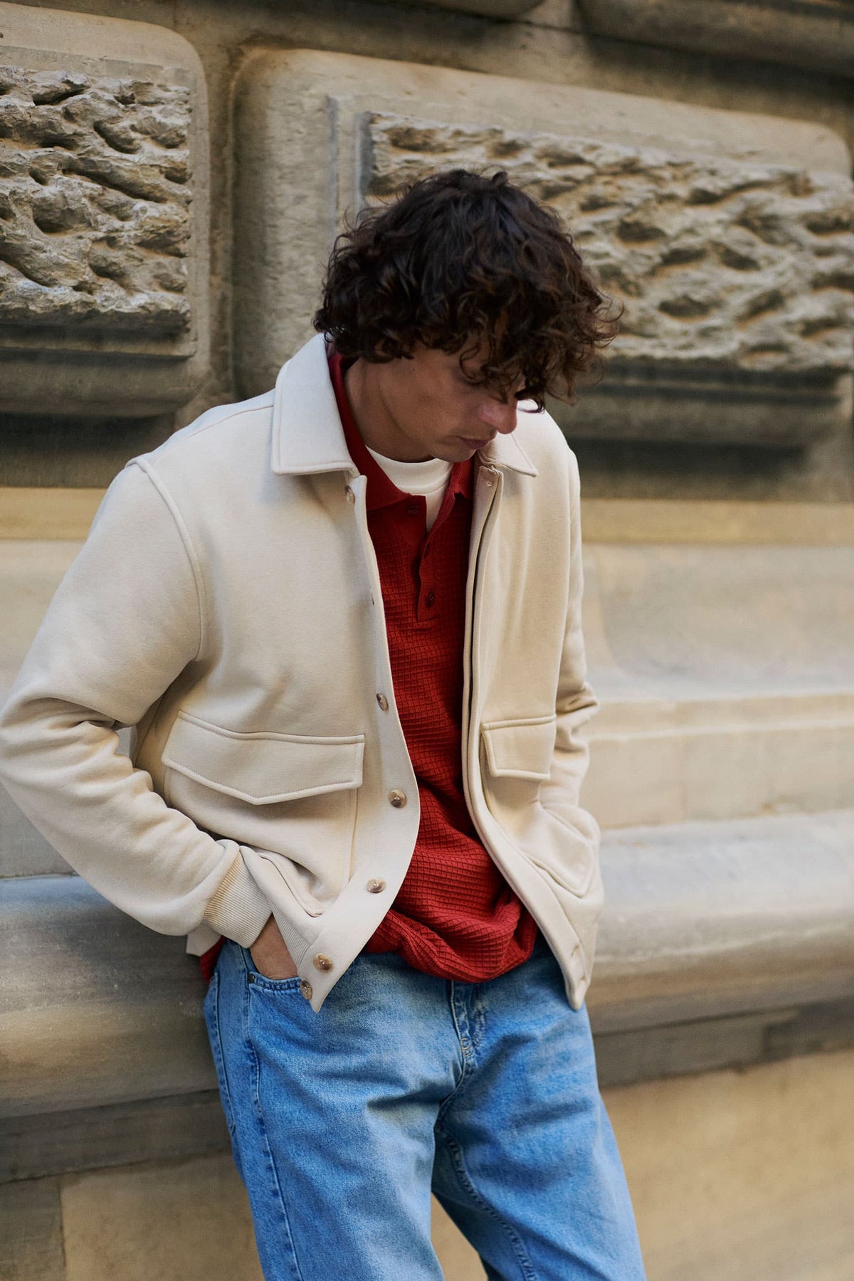 Regular Fit Polo Collar Flap Pocket Soft Down Thessaloniki Fabric Basic Jacket Cardigan