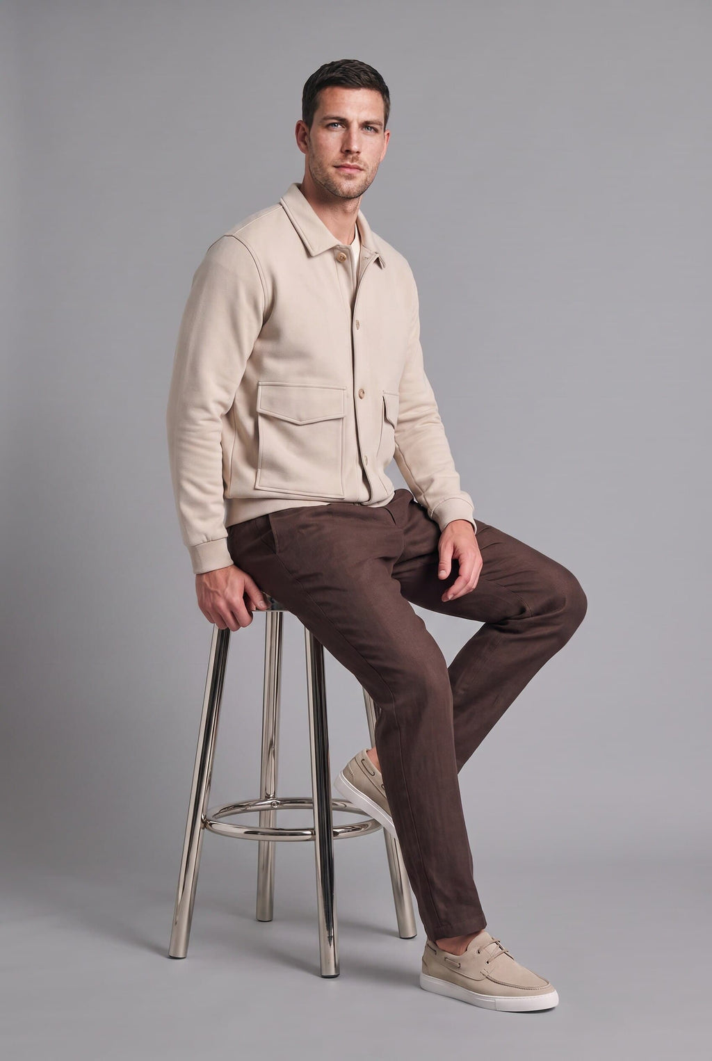 Regular Fit Polo Collar Flap Pocket Soft Down Thessaloniki Fabric Basic Jacket Cardigan