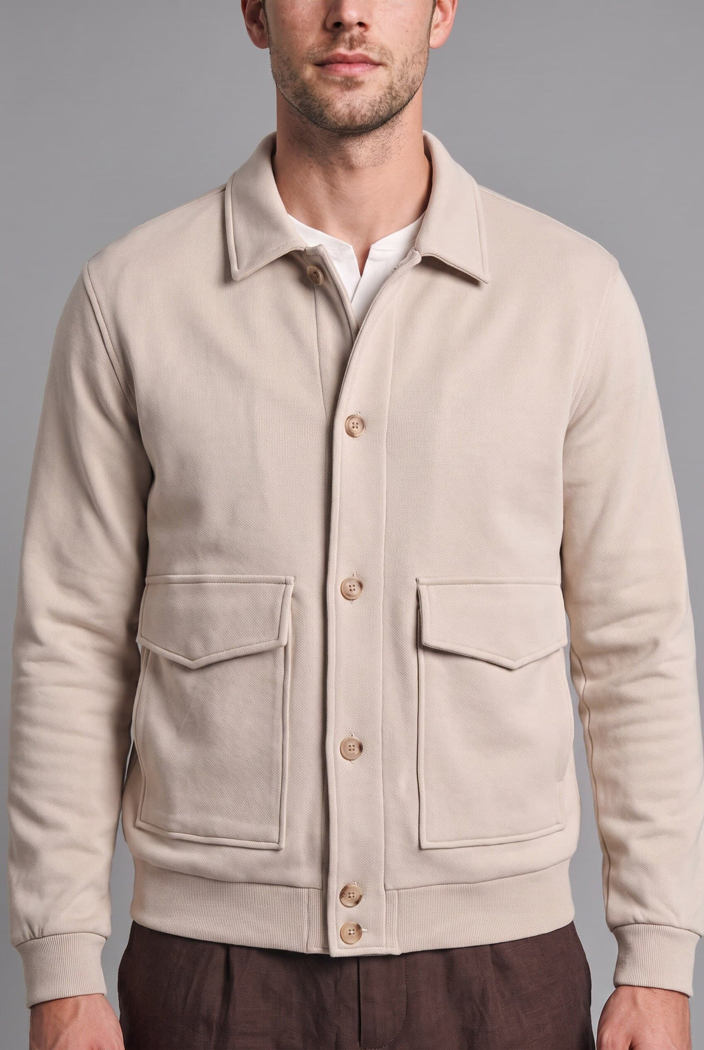 Regular Fit Polo Collar Flap Pocket Soft Down Thessaloniki Fabric Basic Jacket Cardigan