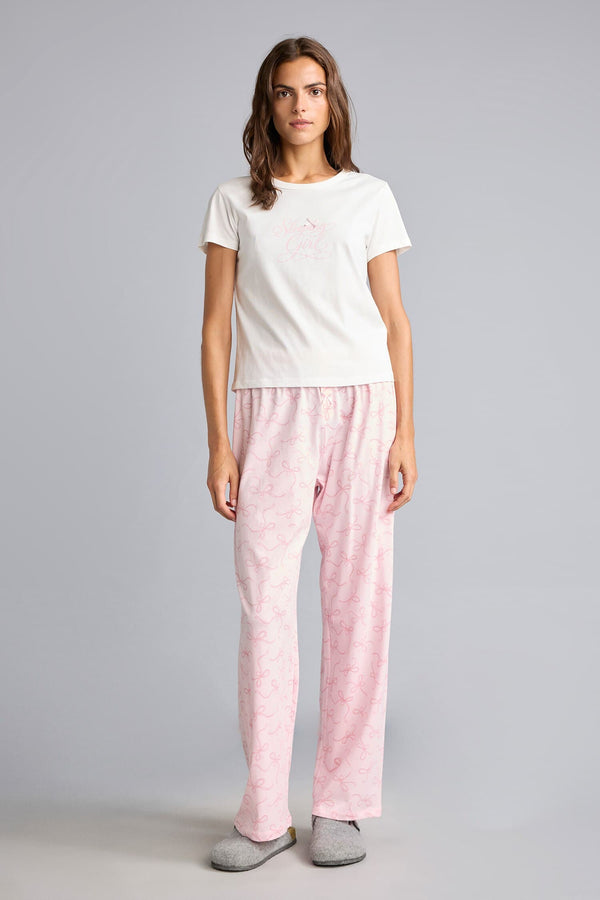 Short Sleeve Top Patterned Wide Leg Bottom Pajama Set