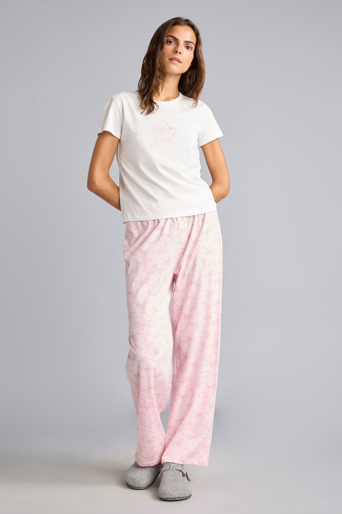Short Sleeve Top Patterned Wide Leg Bottom Pajama Set