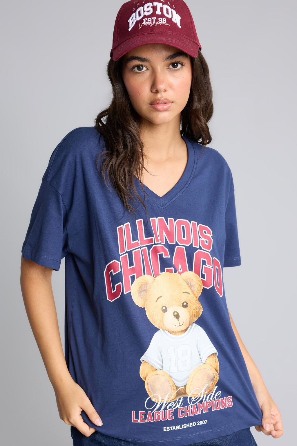 100% Cotton Overless Crew Neck Teddy Bear Printed Short Sleeve Navy Blue T-Shirt