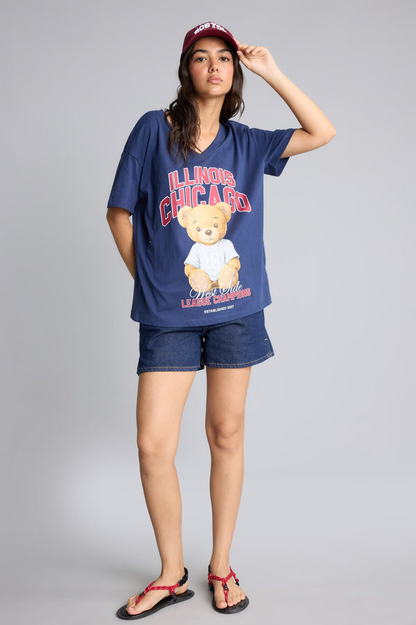 100% Cotton Overless Crew Neck Teddy Bear Printed Short Sleeve Navy Blue T-Shirt