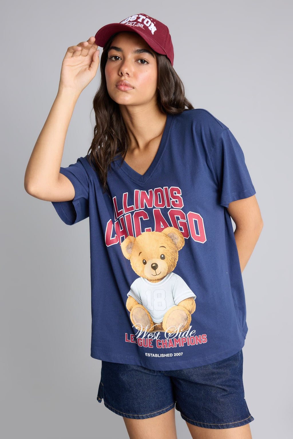 100% Cotton Overless Crew Neck Teddy Bear Printed Short Sleeve Navy Blue T-Shirt