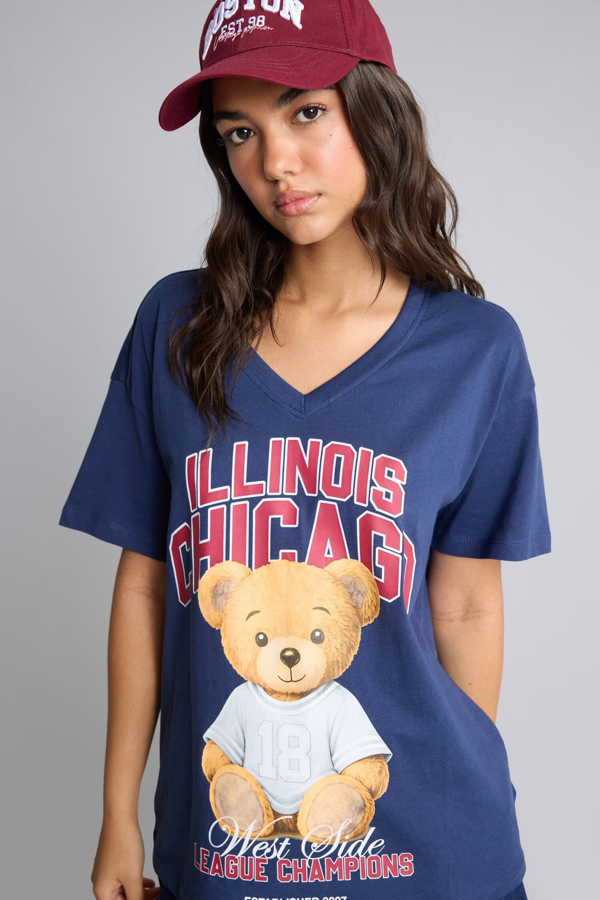 100% Cotton Overless Crew Neck Teddy Bear Printed Short Sleeve Navy Blue T-Shirt
