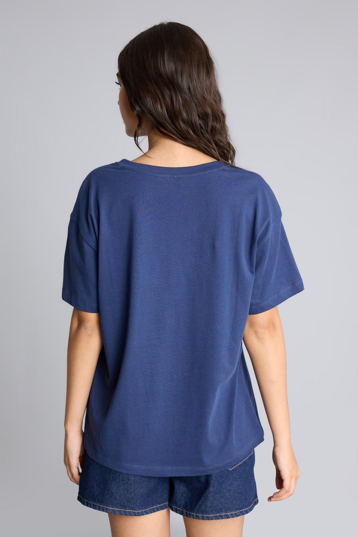 100% Cotton Overless Crew Neck Teddy Bear Printed Short Sleeve Navy Blue T-Shirt