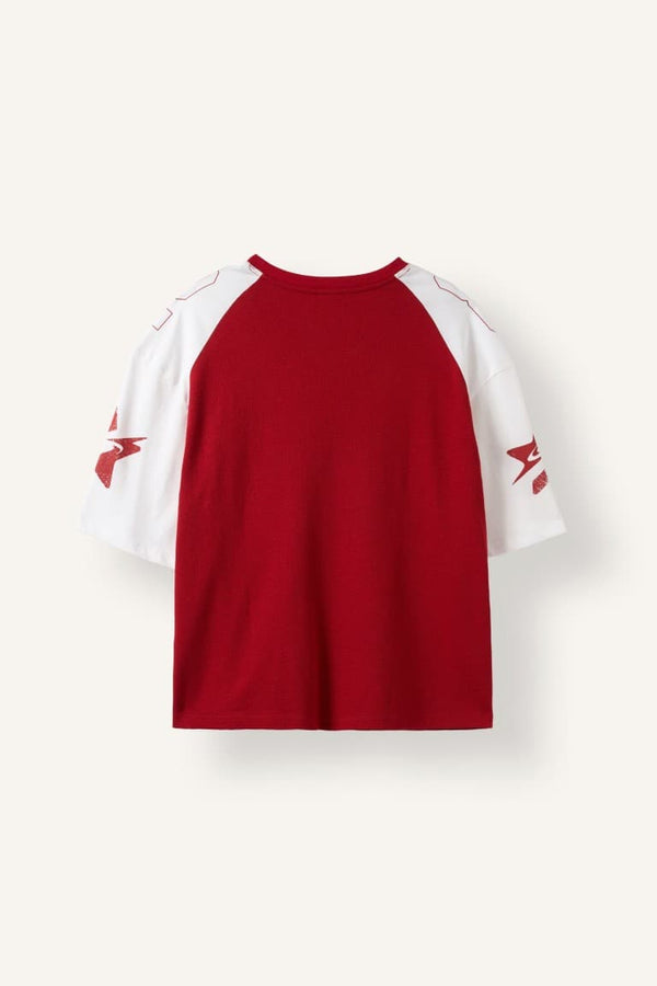 100% Cotton Boxy Fit V-neck Graphic Printed Mesh Jersey Fabric Short Sleeve T-Shirt
