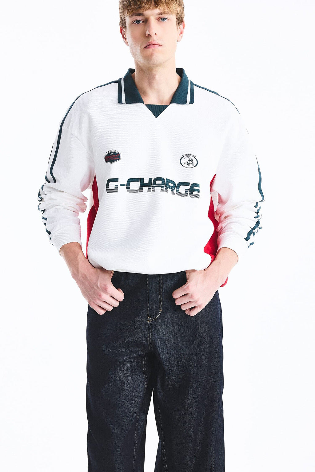 Boxy Fit Polo Collar Long Sleeve Printed Sweatshirt