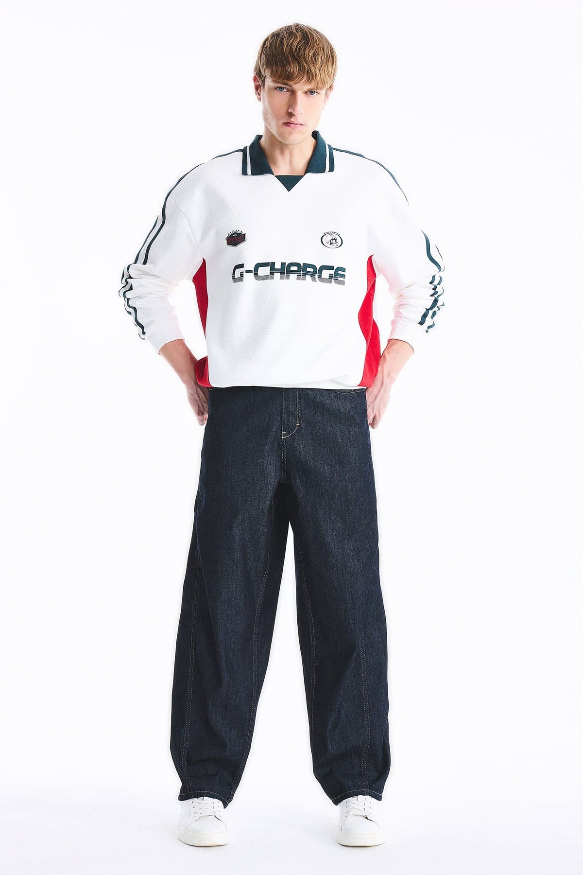 Boxy Fit Polo Collar Long Sleeve Printed Sweatshirt
