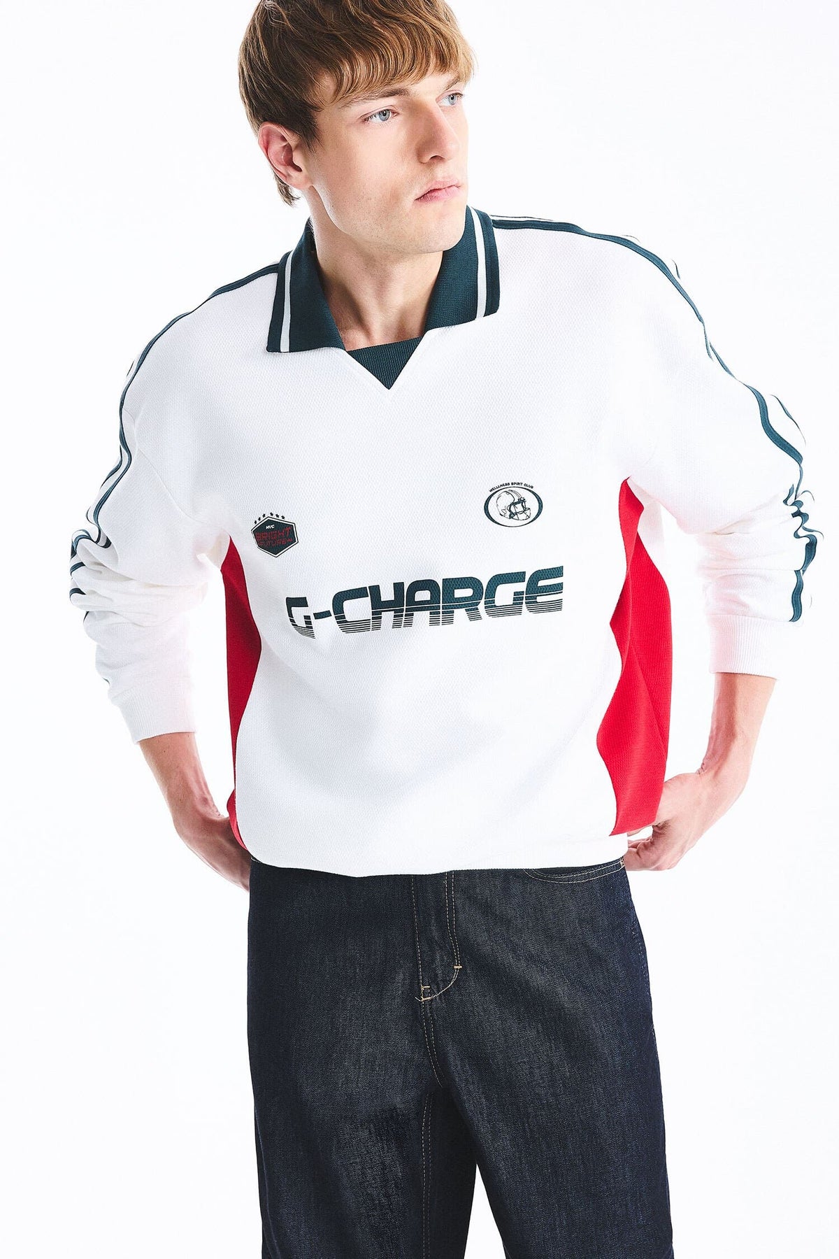 Boxy Fit Polo Collar Long Sleeve Printed Sweatshirt