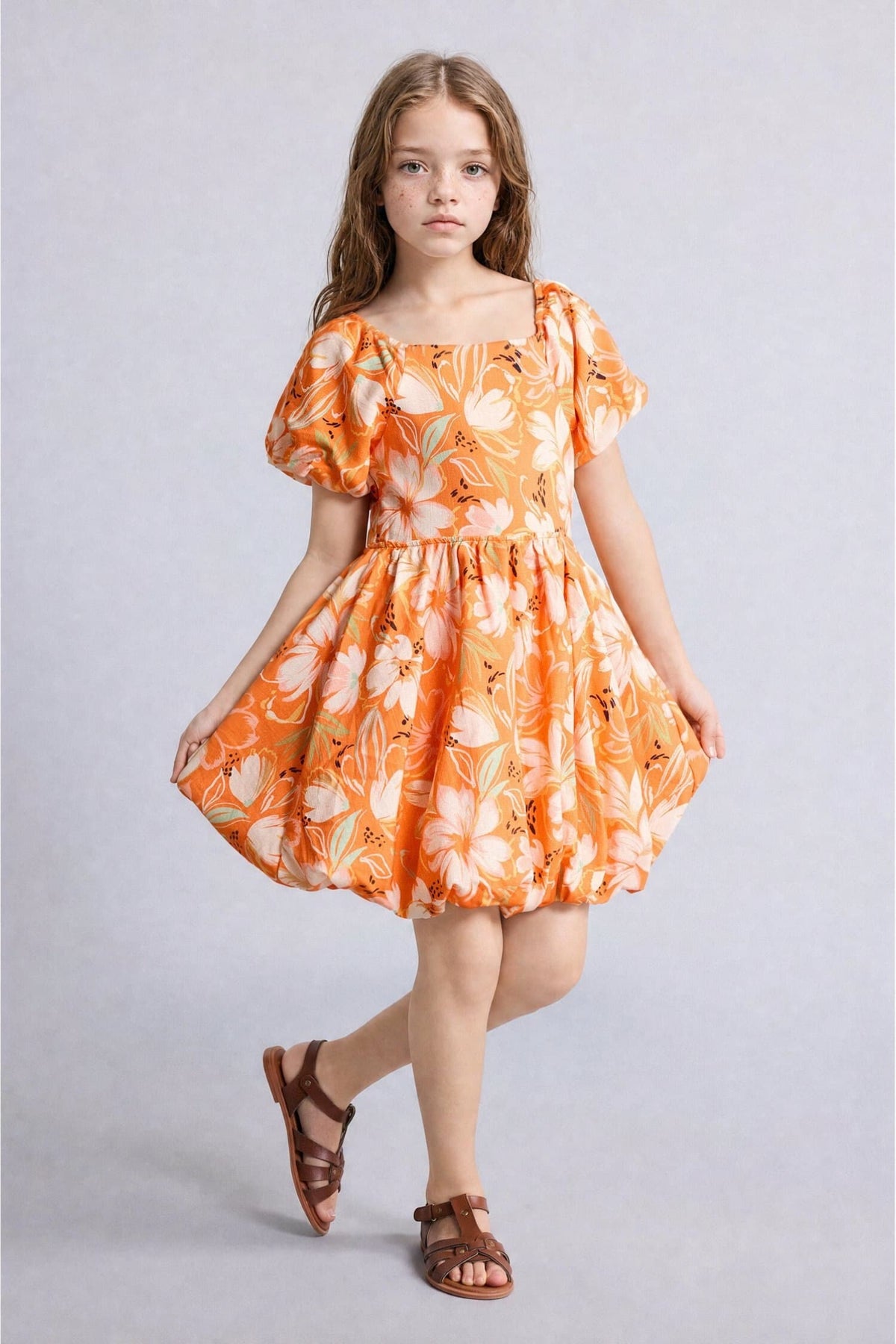 Short Sleeve Gathered Waist Voluminous Skirt Linen Dress Girl