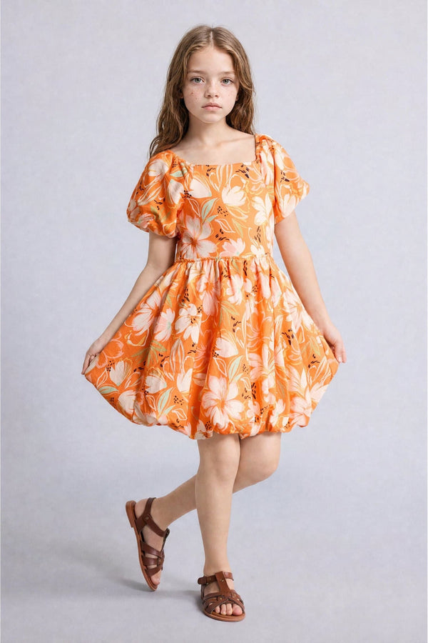 Short Sleeve Gathered Waist Voluminous Skirt Linen Dress Girl