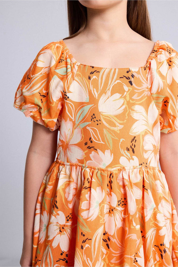 Short Sleeve Gathered Waist Voluminous Skirt Linen Dress Girl