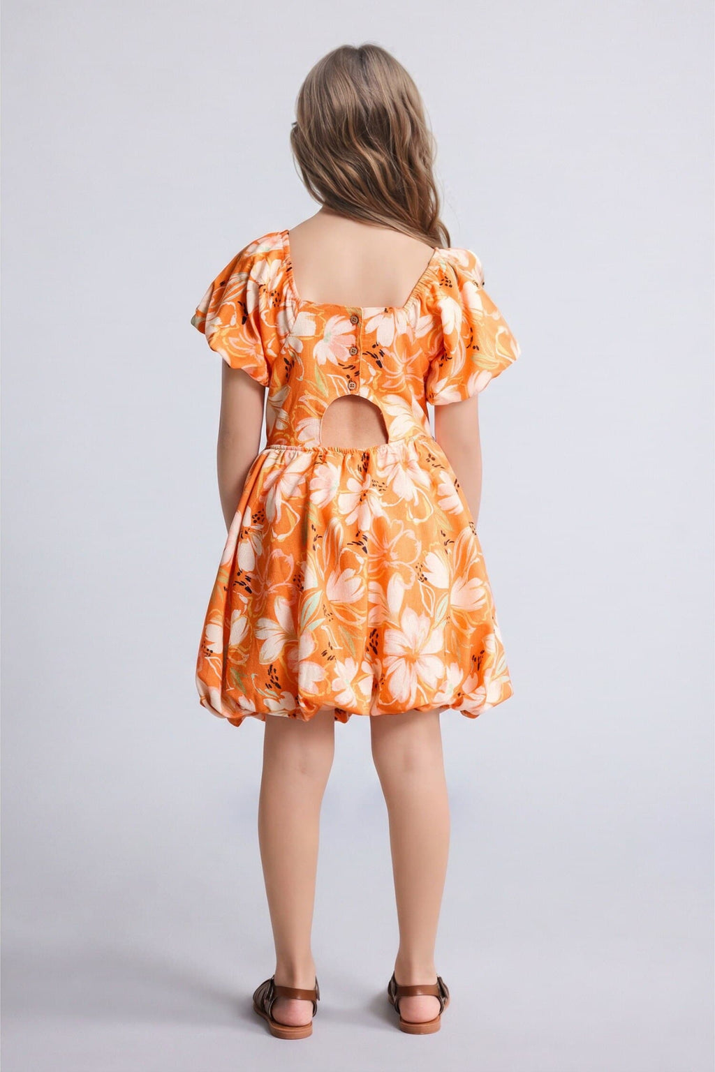 Short Sleeve Gathered Waist Voluminous Skirt Linen Dress Girl