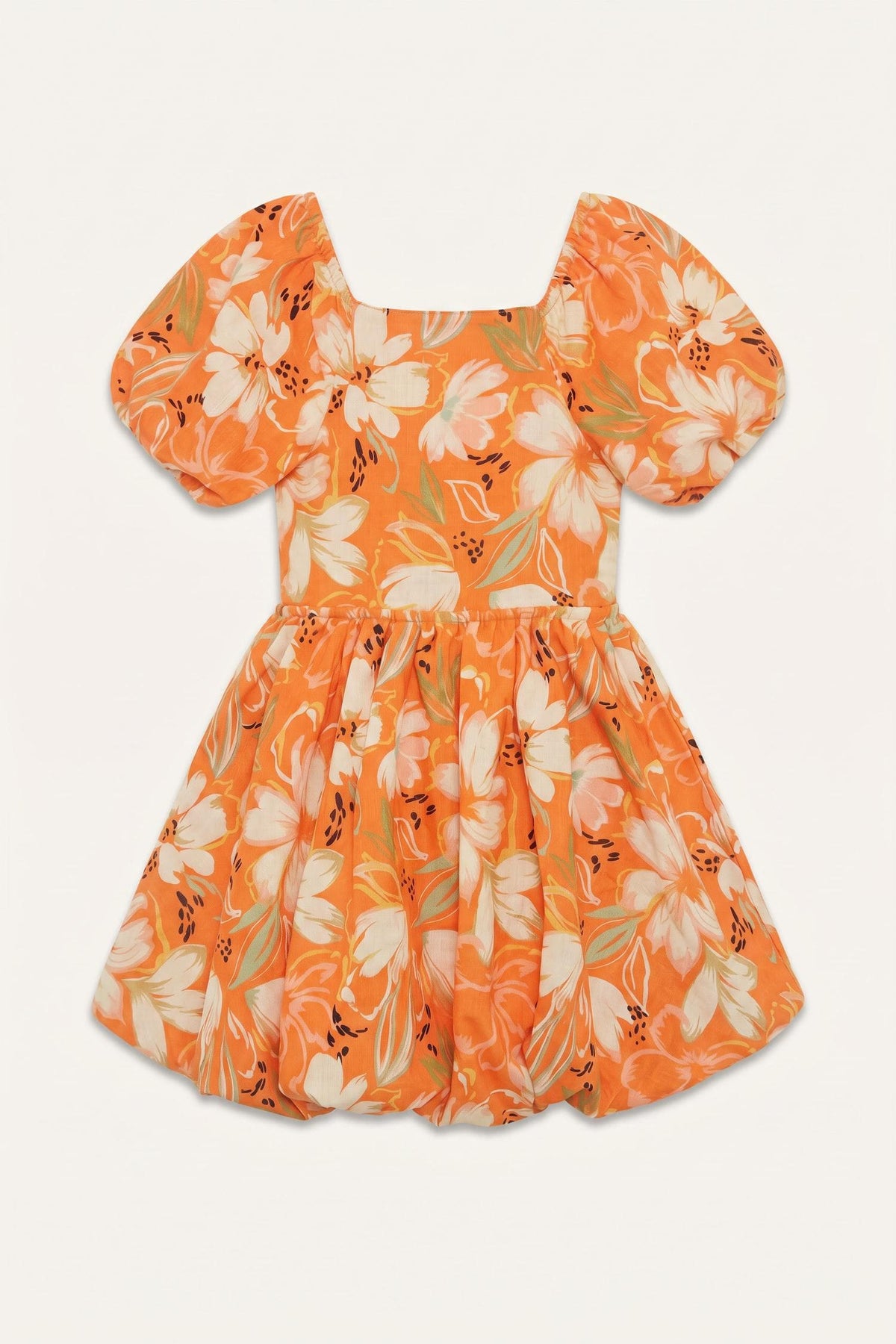 Short Sleeve Gathered Waist Voluminous Skirt Linen Dress Girl
