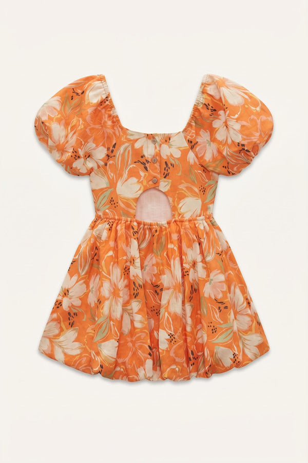 Short Sleeve Gathered Waist Voluminous Skirt Linen Dress Girl