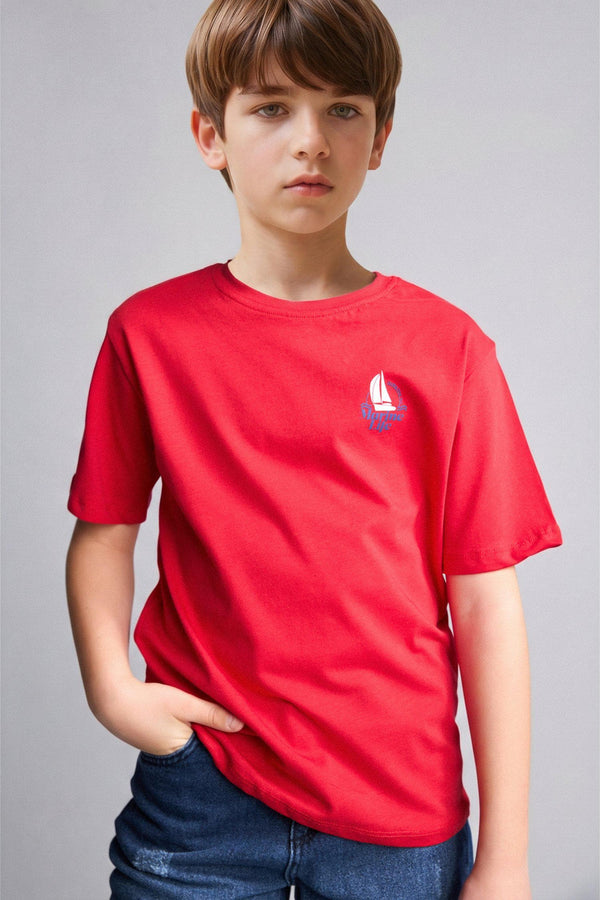100% Cotton New Regular Fit Crew Neck Printed Short Sleeve Red T-Shirt Boys
