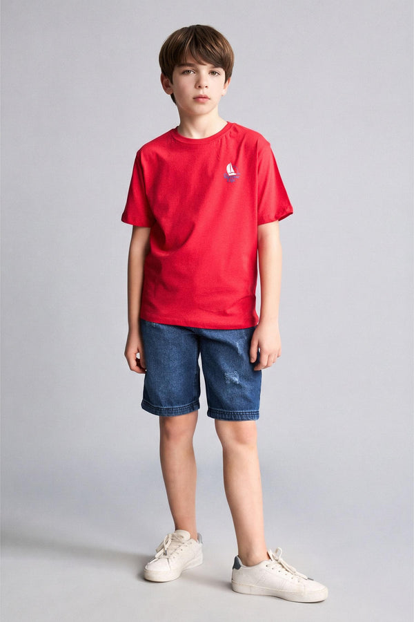 100% Cotton New Regular Fit Crew Neck Printed Short Sleeve Red T-Shirt Boys