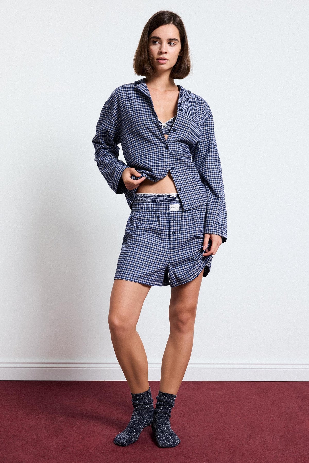 100% Cotton Regular Fit Long Sleeve Check Shorts Set 2 Pieces Flannel Main image