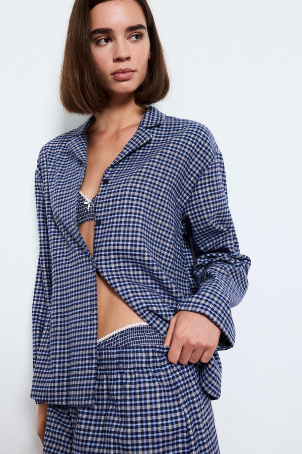 100% Cotton Regular Fit Long Sleeve Check Shorts Set 2 Pieces Flannel