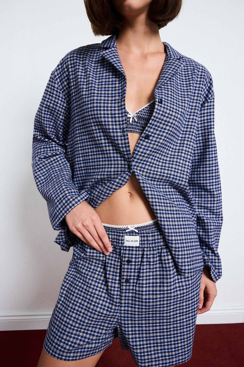 100% Cotton Regular Fit Long Sleeve Check Shorts Set 2 Pieces Flannel