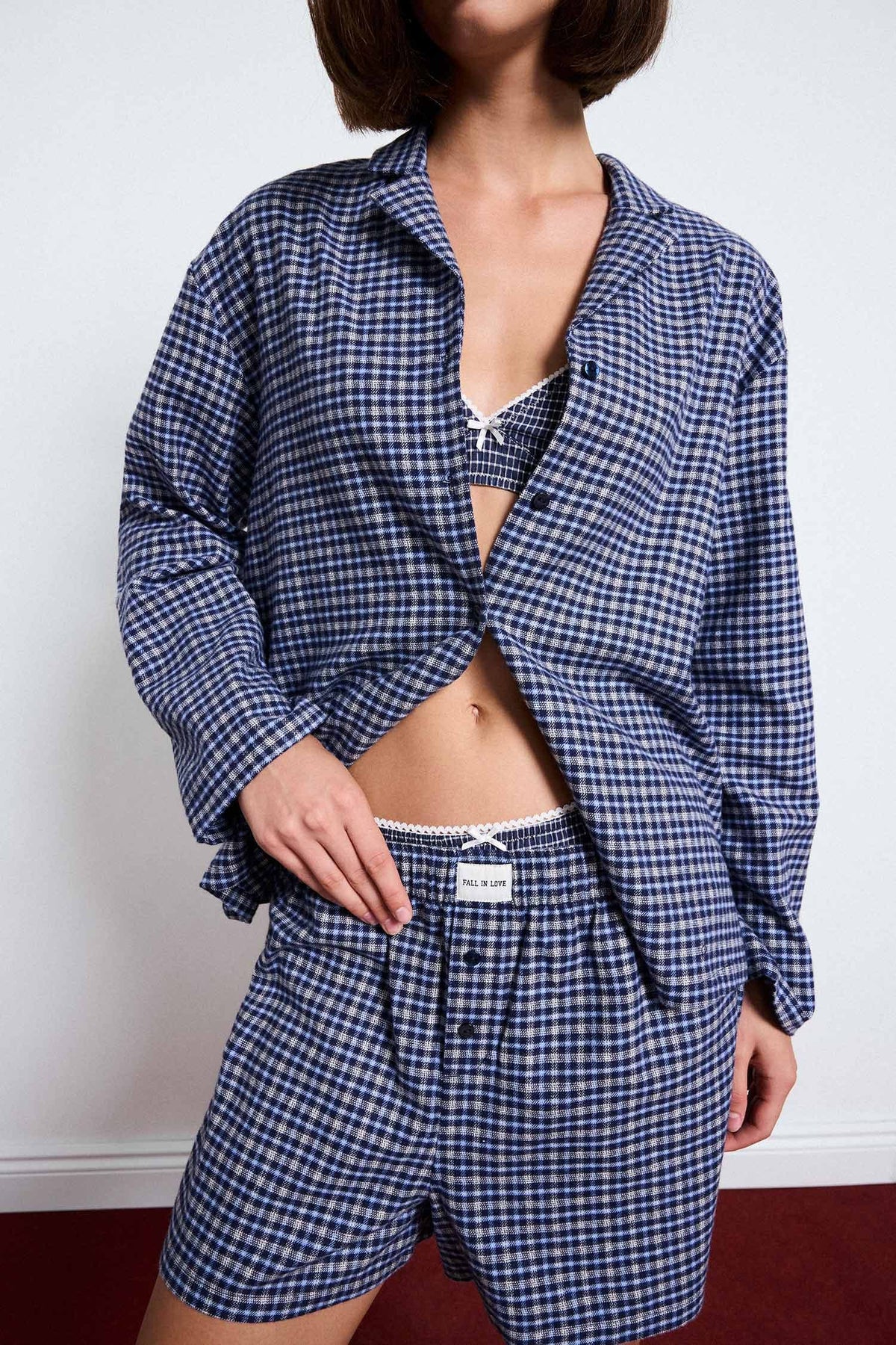 100% Cotton Regular Fit Long Sleeve Check Shorts Set 2 Pieces Flannel