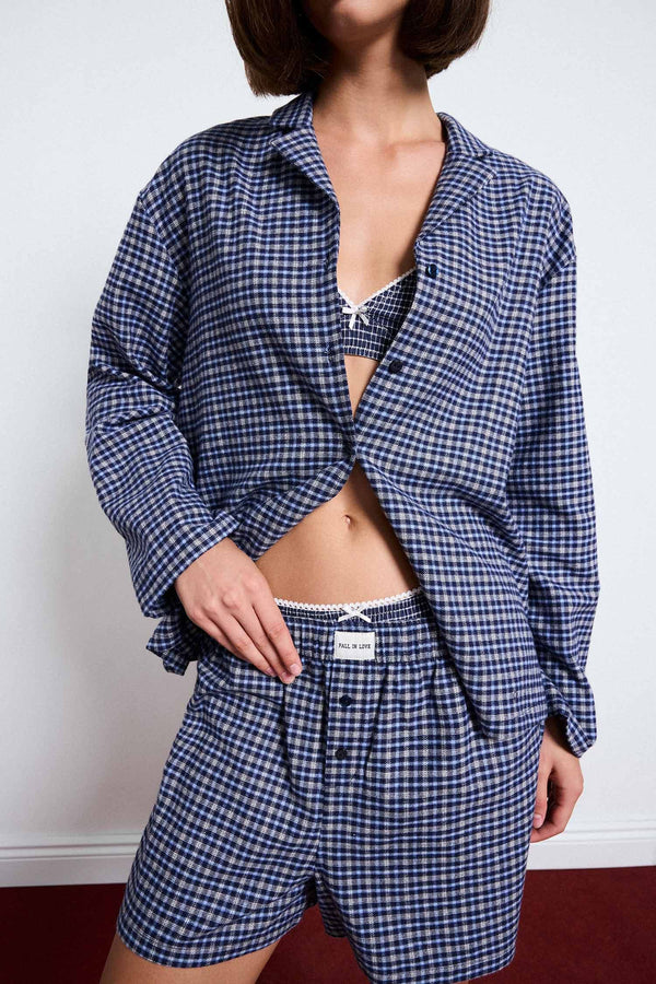 100% Cotton Regular Fit Long Sleeve Check Shorts Set 2 Pieces Flannel