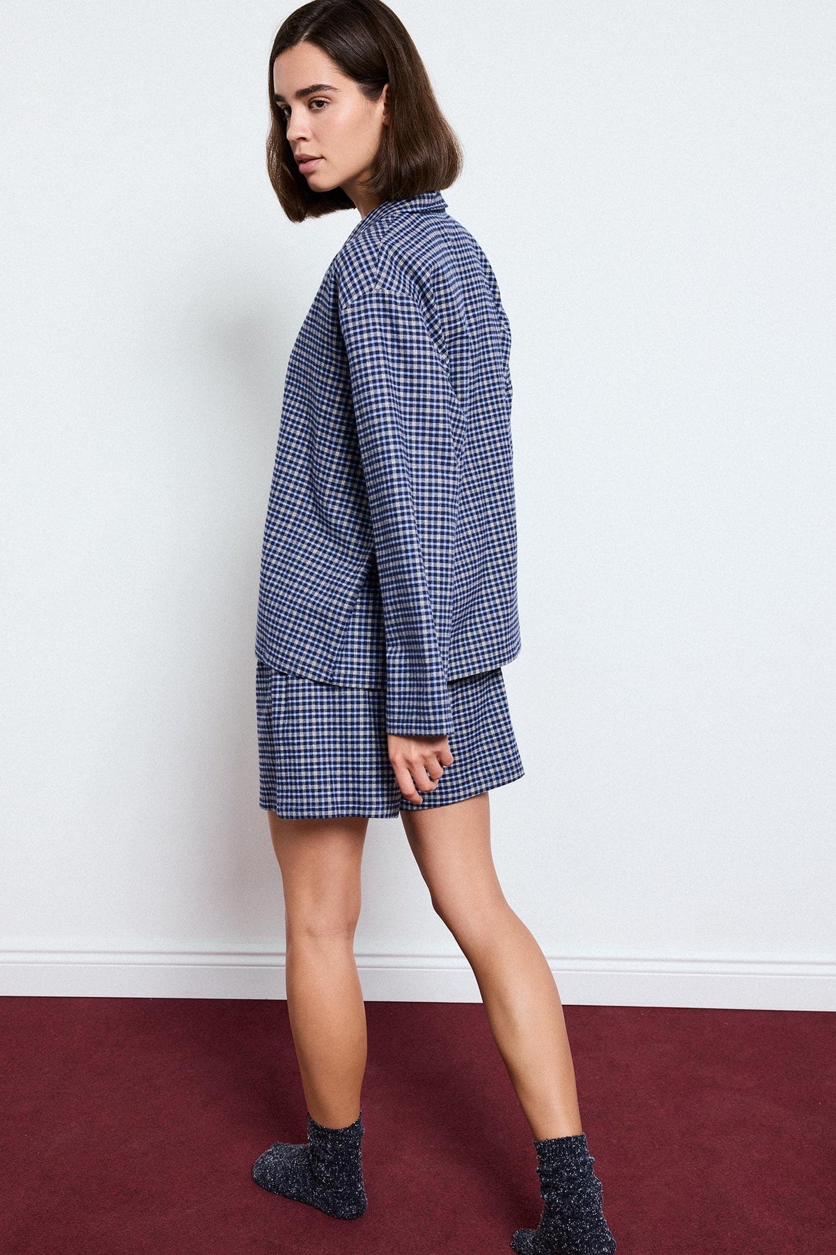 100% Cotton Regular Fit Long Sleeve Check Shorts Set 2 Pieces Flannel