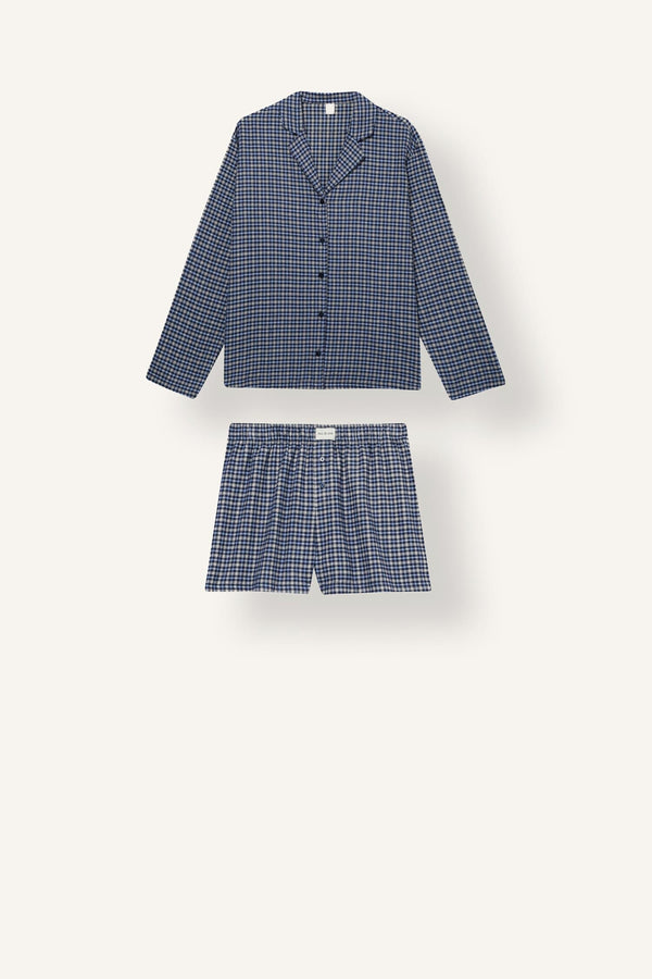 100% Cotton Regular Fit Long Sleeve Check Shorts Set 2 Pieces Flannel