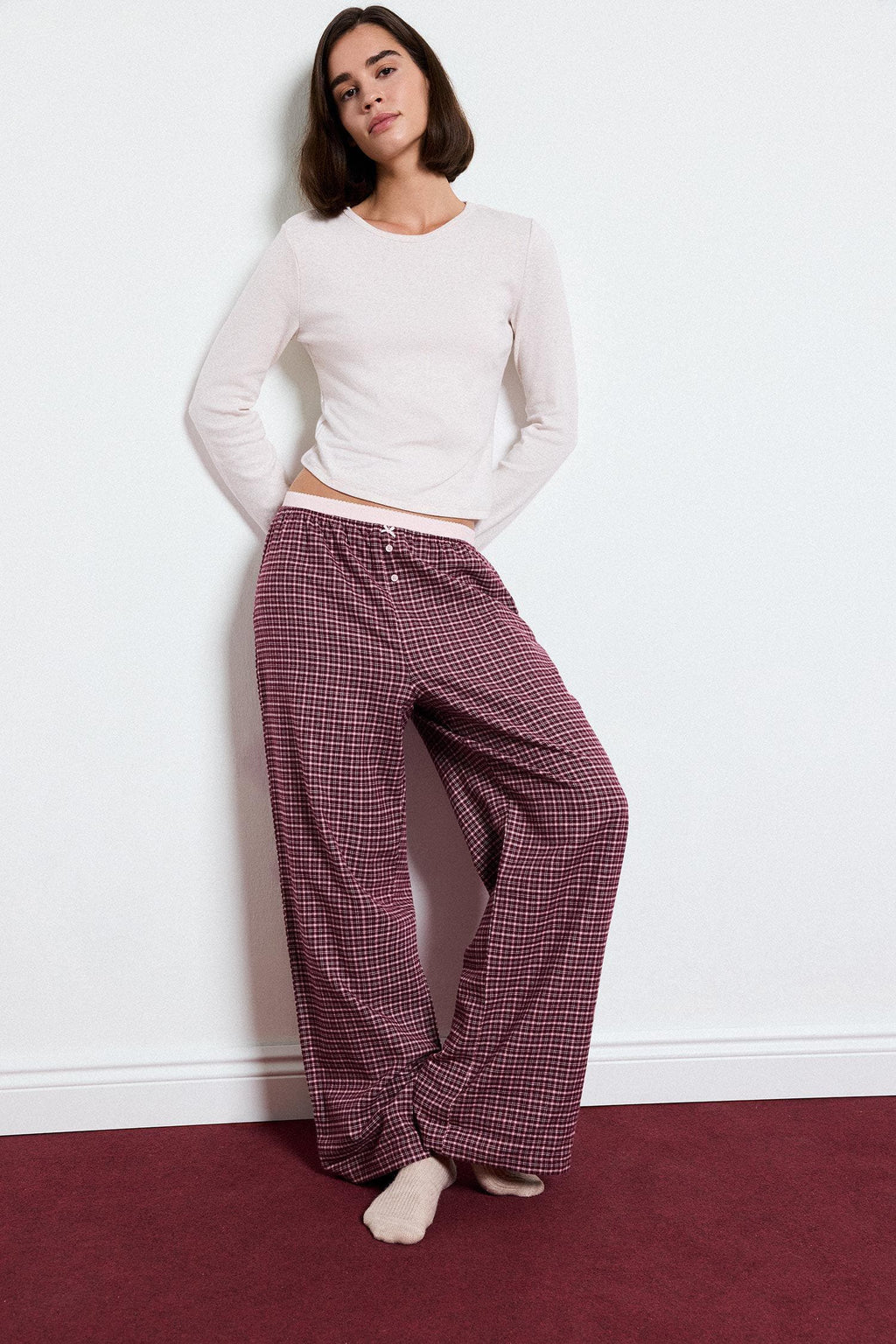 Regular Fit Crew Neck Long Sleeve Top Plaid Patterned Wide Leg Bottom Flannel Pajama Set
