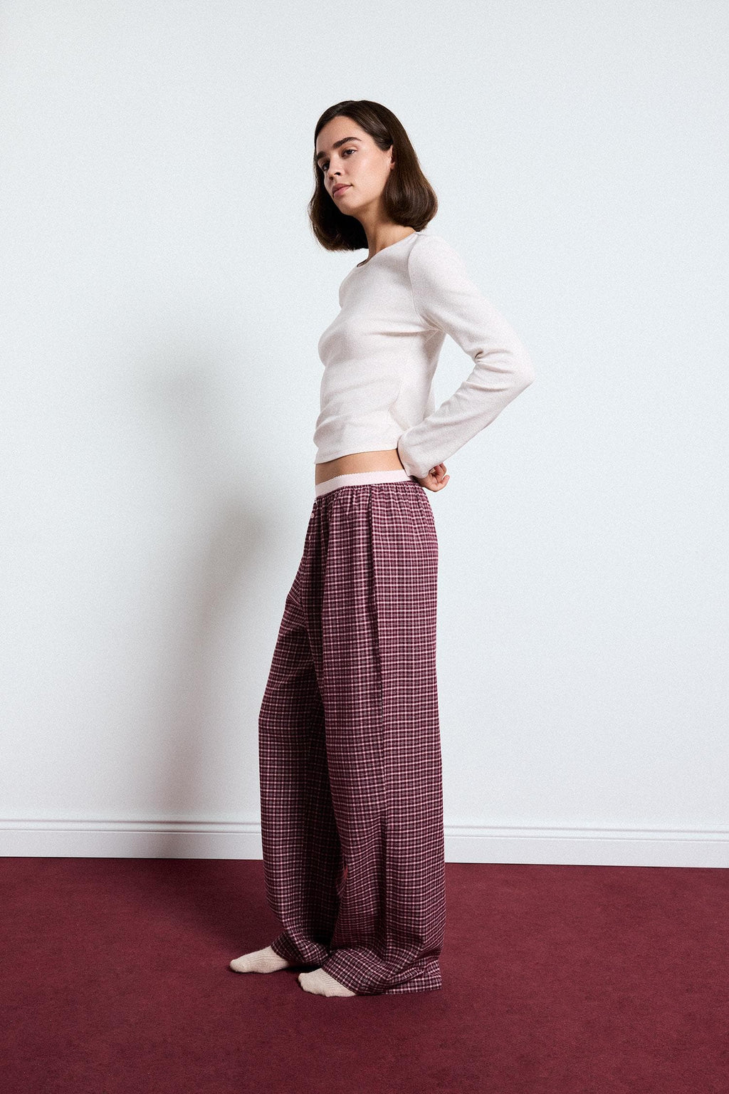 Regular Fit Crew Neck Long Sleeve Top Plaid Patterned Wide Leg Bottom Flannel Pajama Set