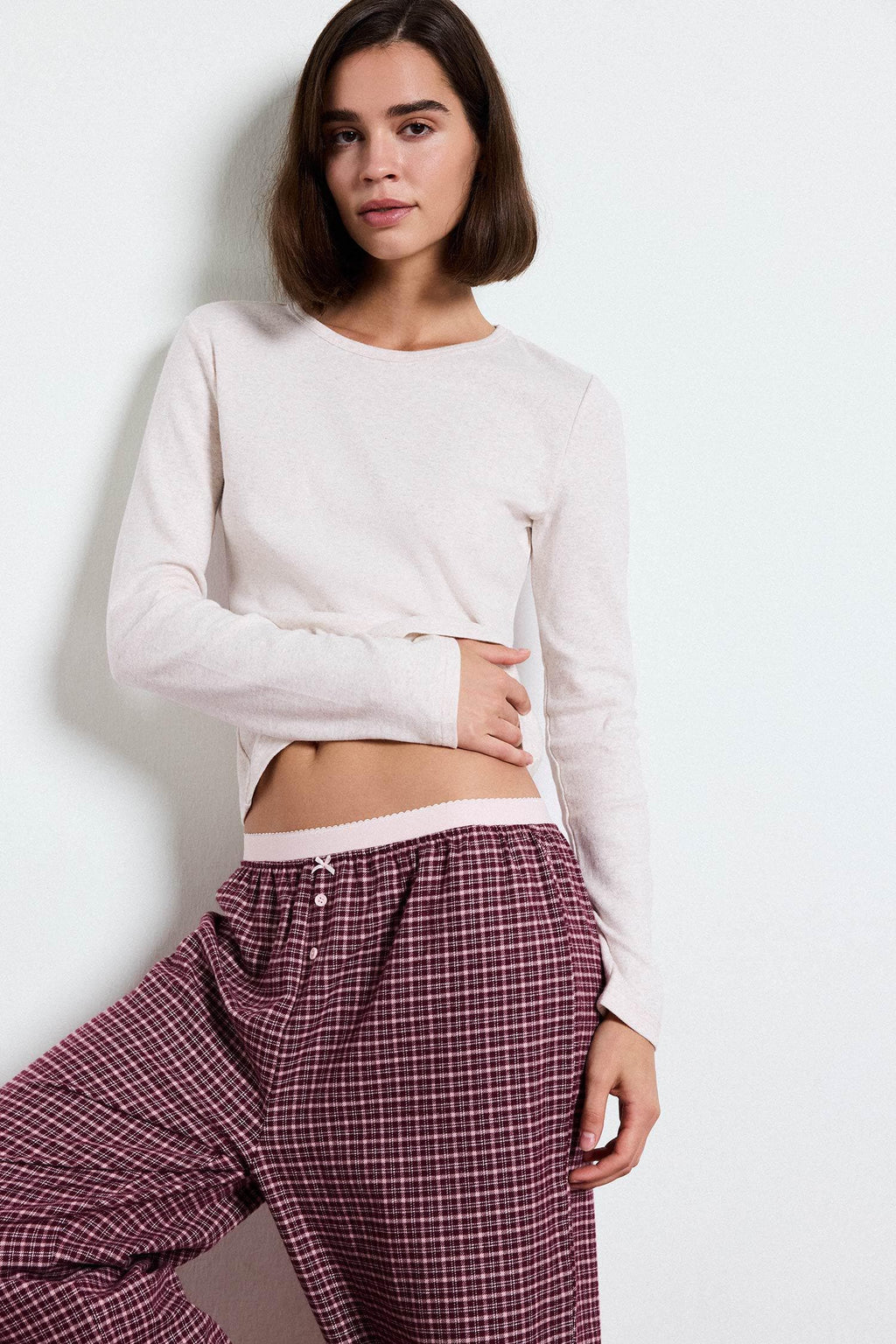 Regular Fit Crew Neck Long Sleeve Top Plaid Patterned Wide Leg Bottom Flannel Pajama Set