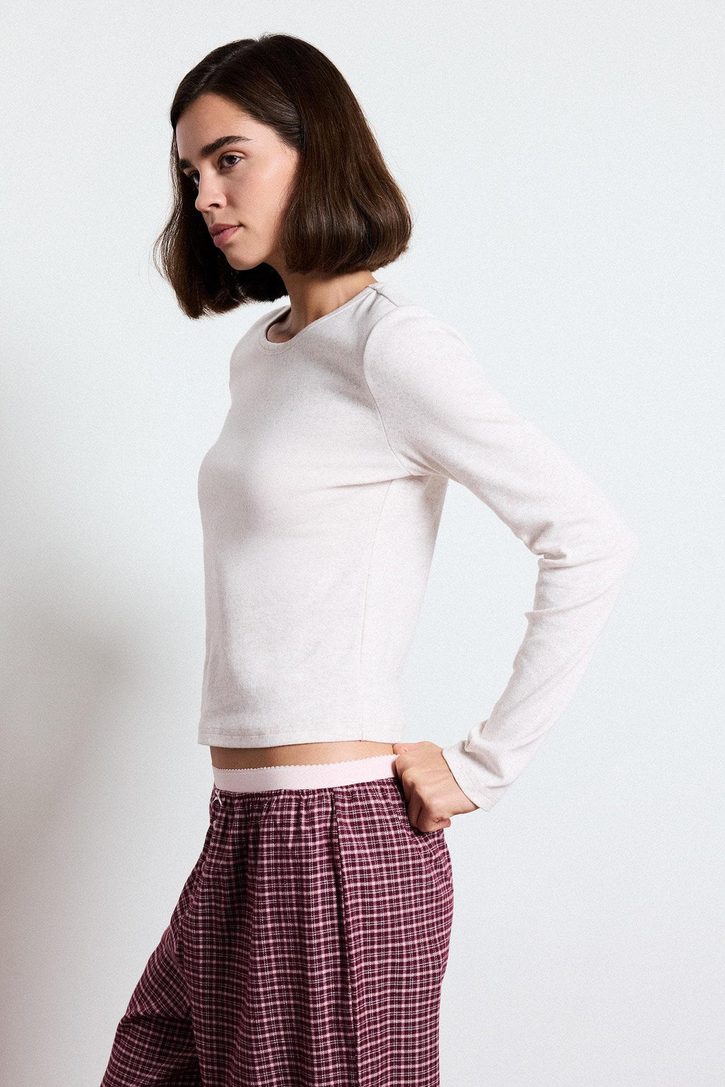 Regular Fit Crew Neck Long Sleeve Top Plaid Patterned Wide Leg Bottom Flannel Pajama Set