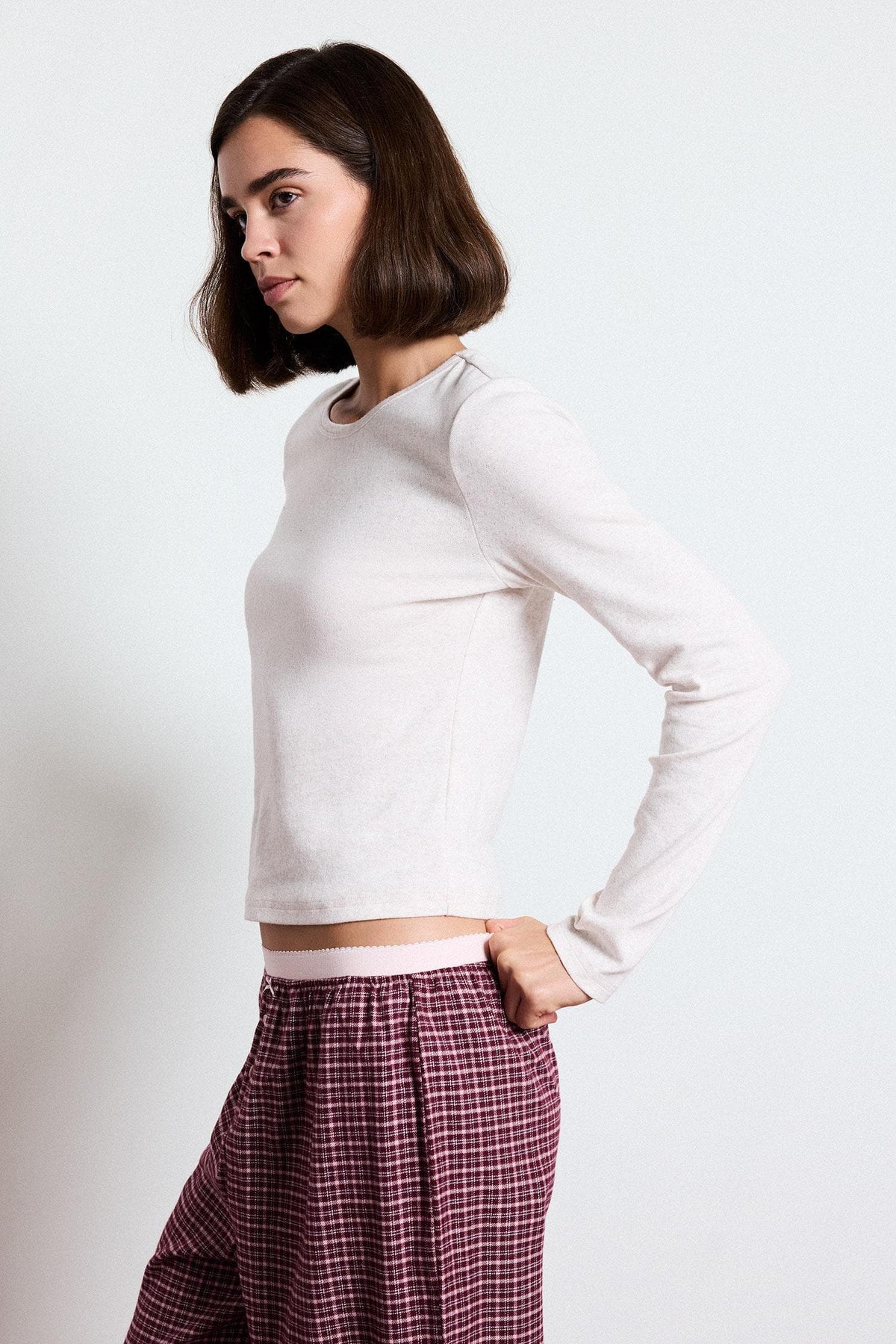 Regular Fit Crew Neck Long Sleeve Top Plaid Patterned Wide Leg Bottom Flannel Pajama Set