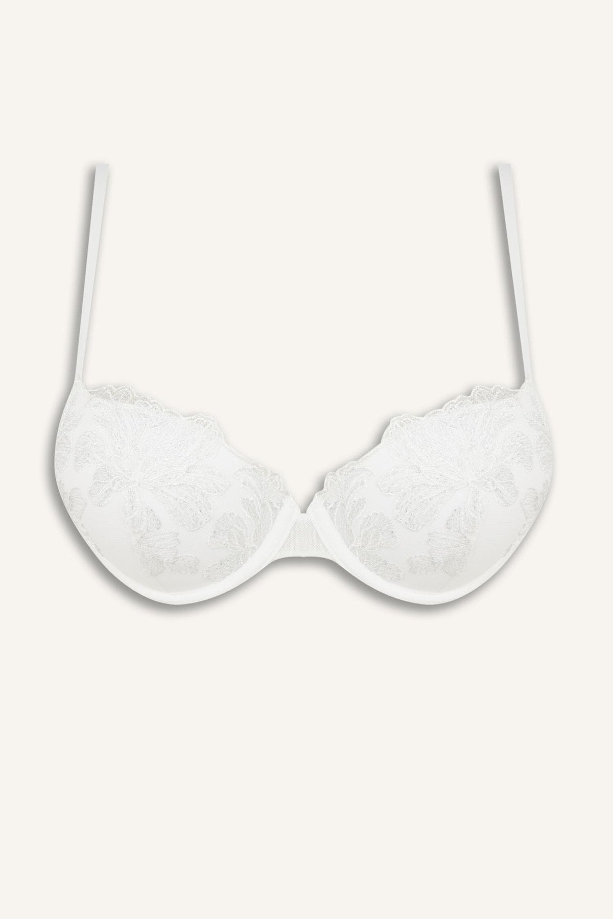Lace Detailed Embroidery Covered Push Up Underwire Ecru Bra