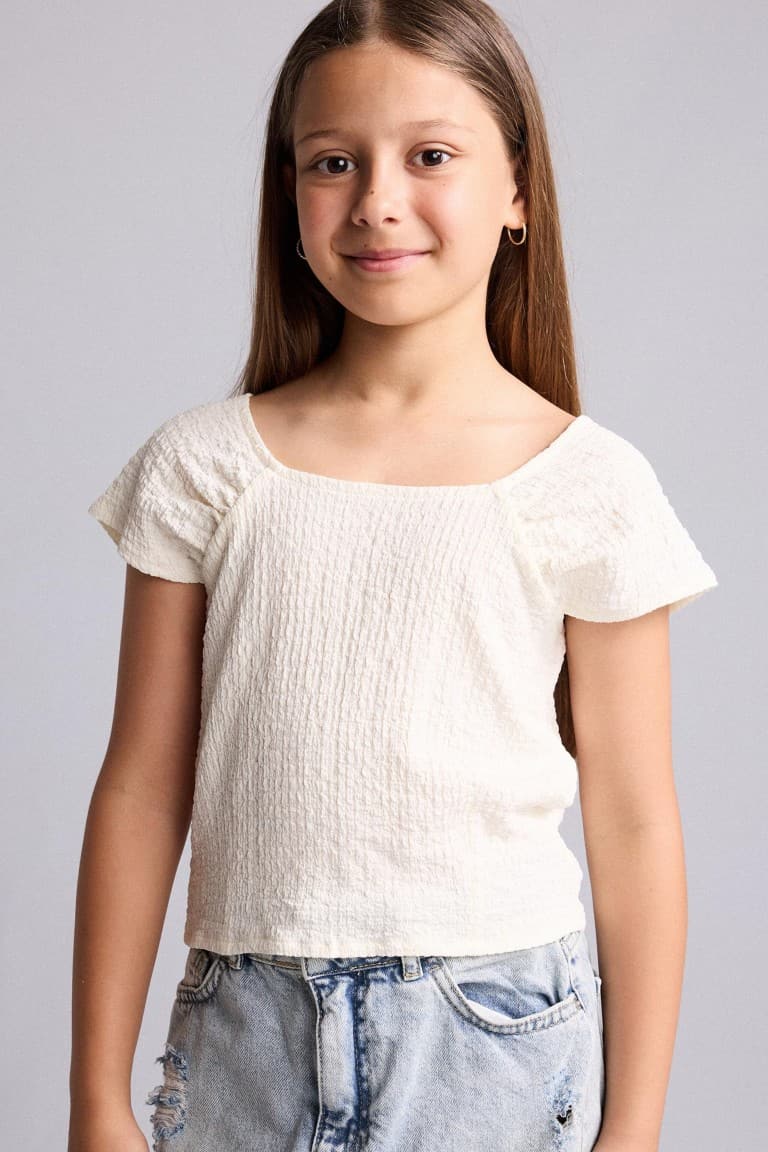 Regular Fit Square Collar Crinkle Fabric Short Sleeve Blouse Girls