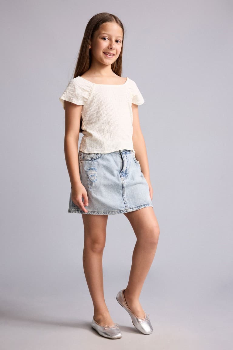 Regular Fit Square Collar Crinkle Fabric Short Sleeve Blouse Girls