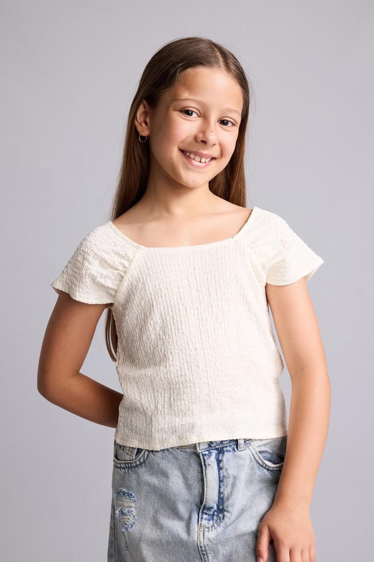 Regular Fit Square Collar Crinkle Fabric Short Sleeve Blouse Girls