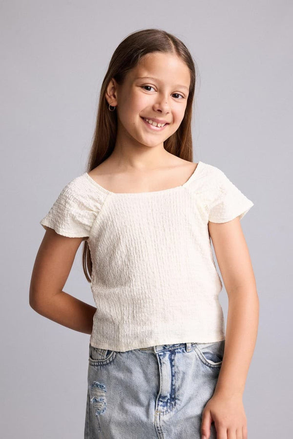 Regular Fit Square Collar Crinkle Fabric Short Sleeve Blouse Girls