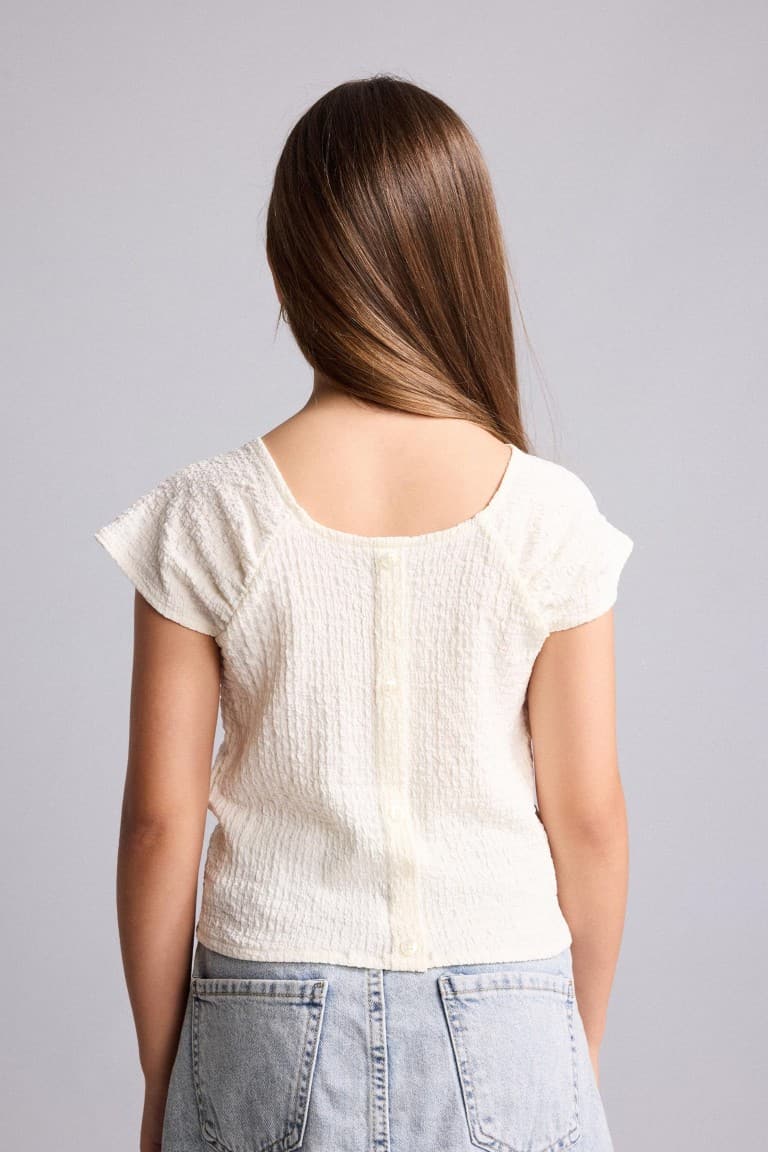 Regular Fit Square Collar Crinkle Fabric Short Sleeve Blouse Girls