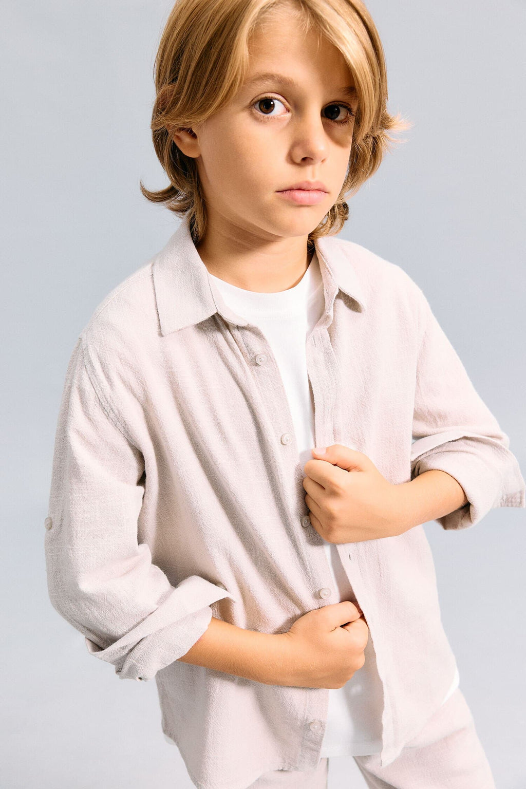 100% Cotton Regular Fit, Linen Look Long Sleeve Beige Shirt For Boys