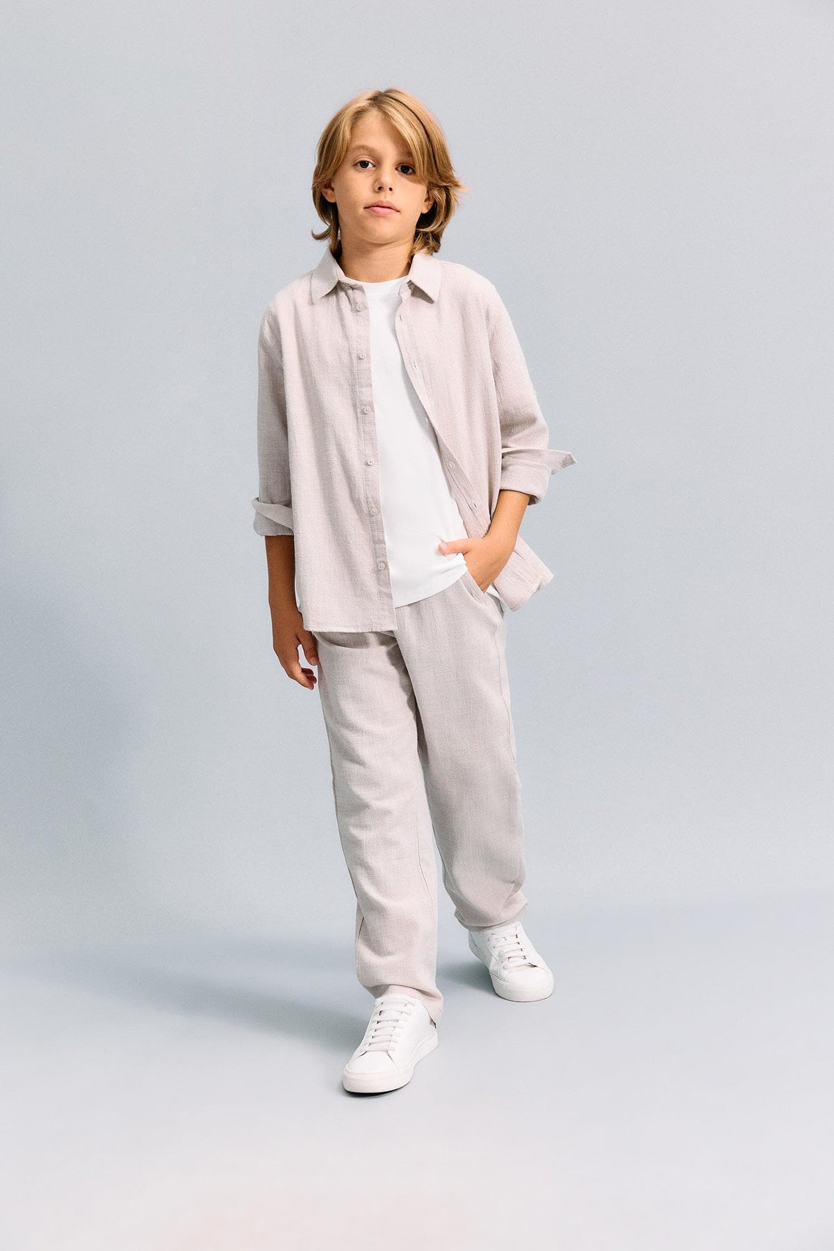 100% Cotton Regular Fit, Linen Look Long Sleeve Beige Shirt For Boys